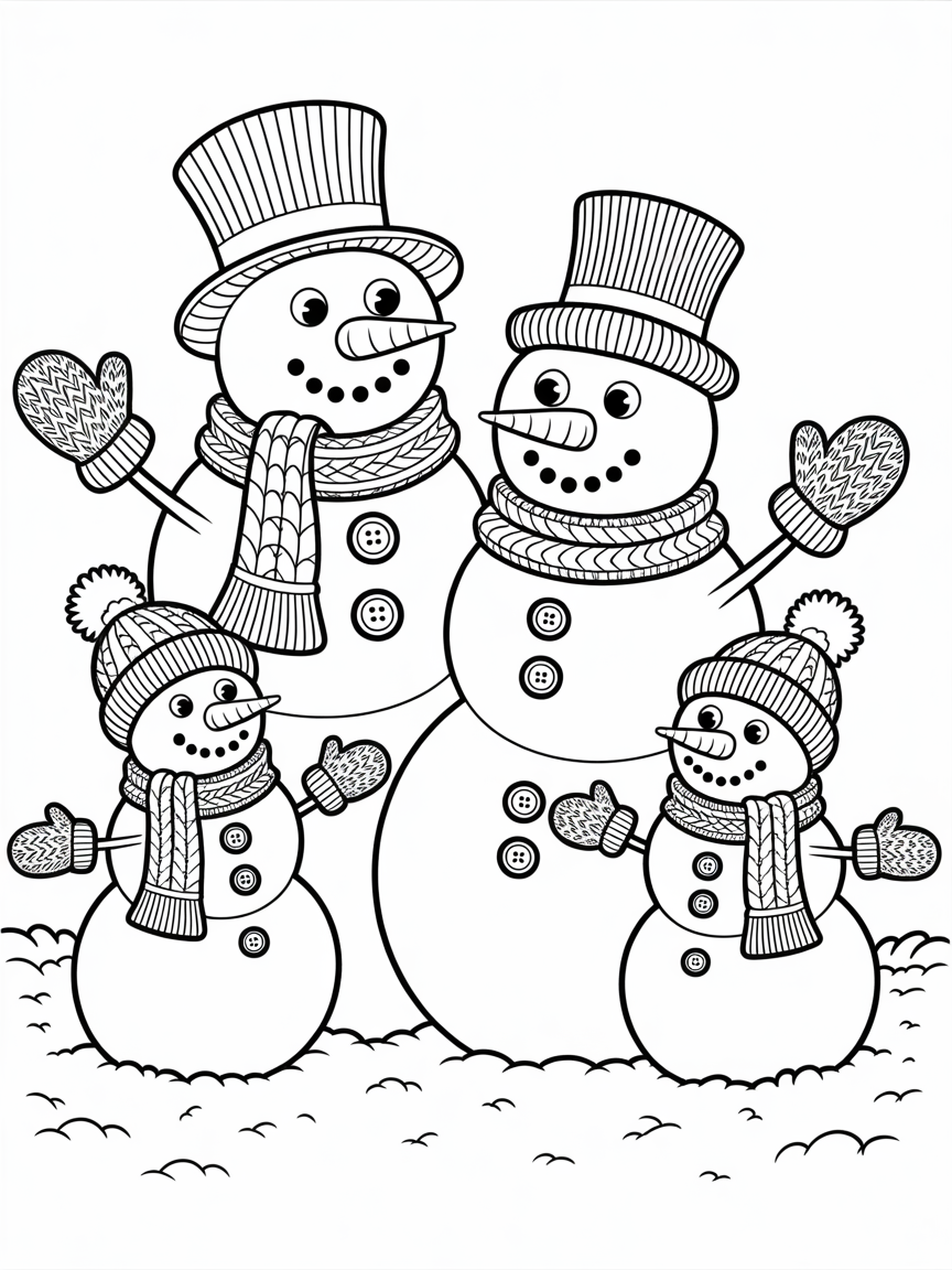 cheerful snowman family wearing knitted
