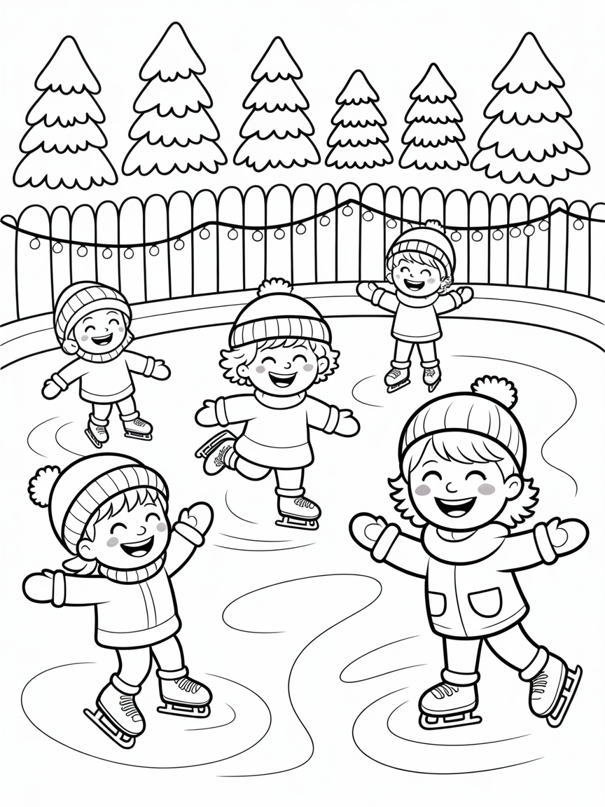 joyful children ice skating on