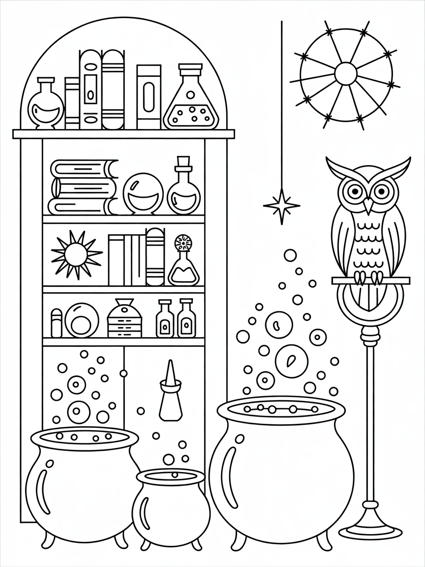 wizard's tower laboratory filled with