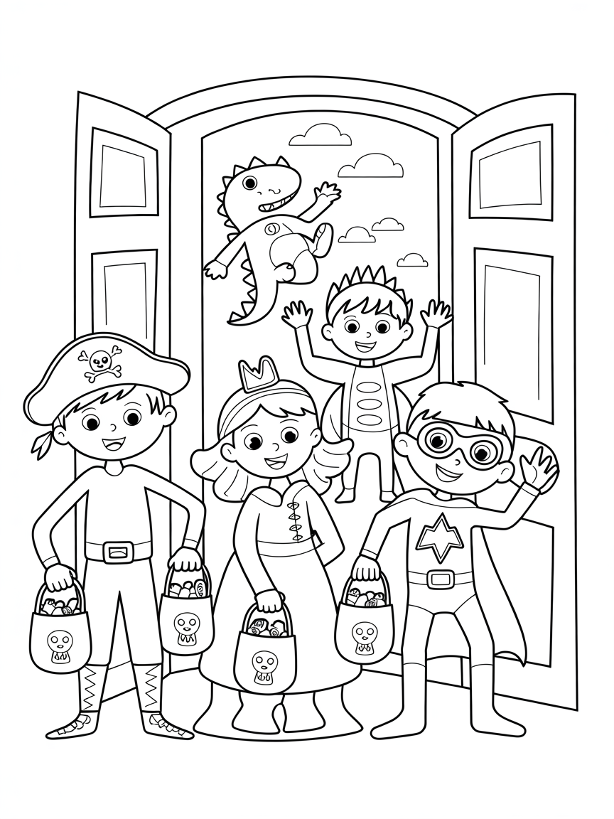 group of costumed trick-or-treaters including