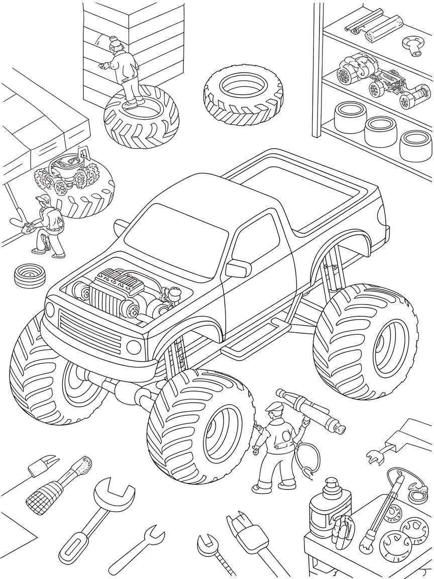 detailed monster truck garage scene