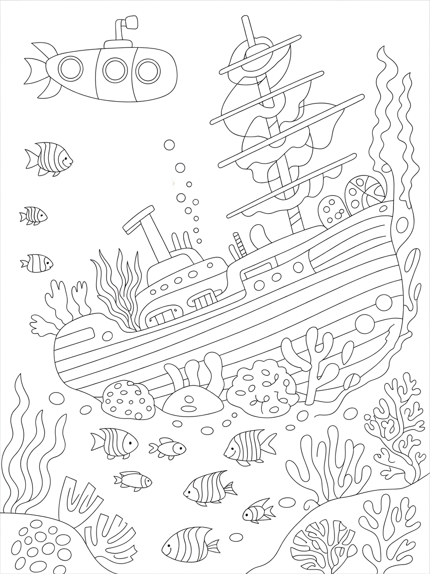 underwater shipwreck scene with a