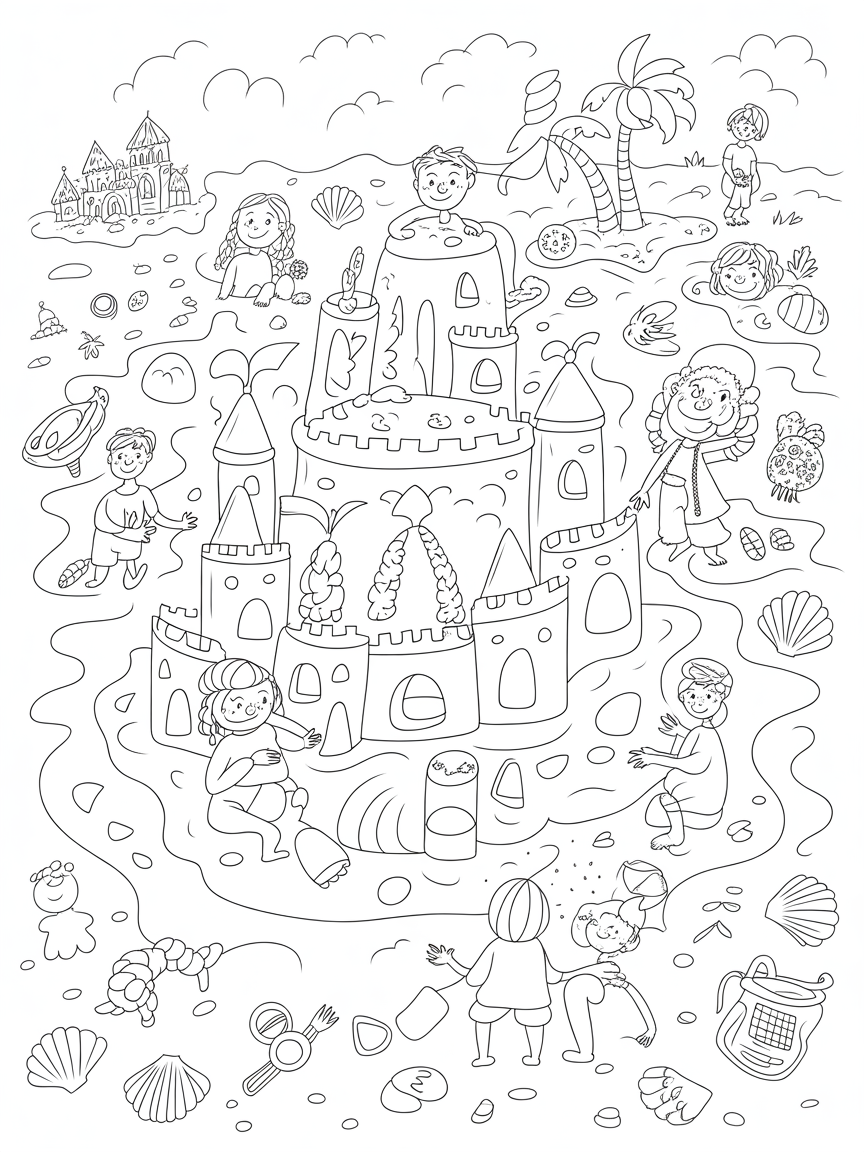 detailed beach scene with children