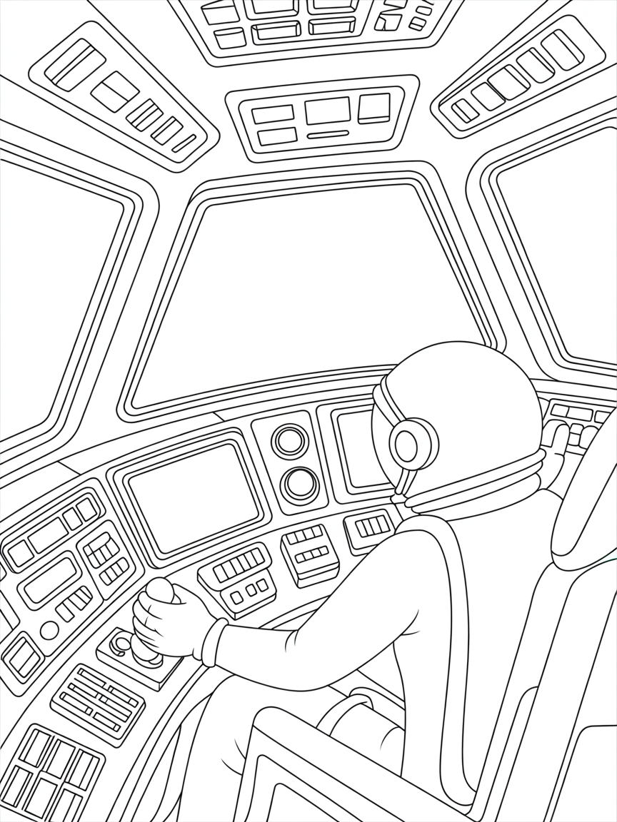 inside spaceship cockpit showing astronaut