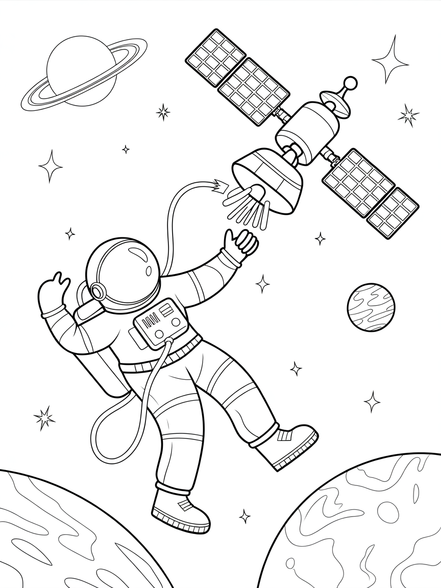 astronaut on spacewalk repairing satellite