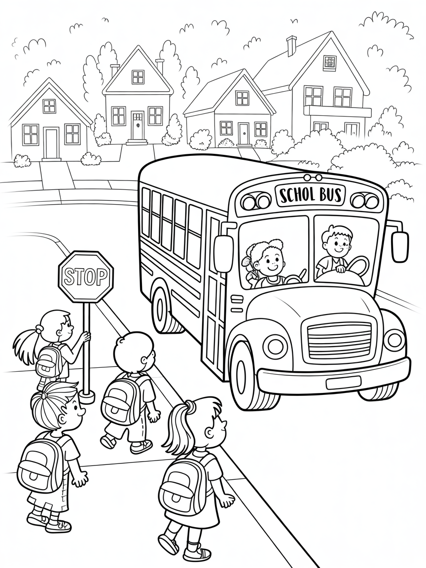 cheerful school bus with stop