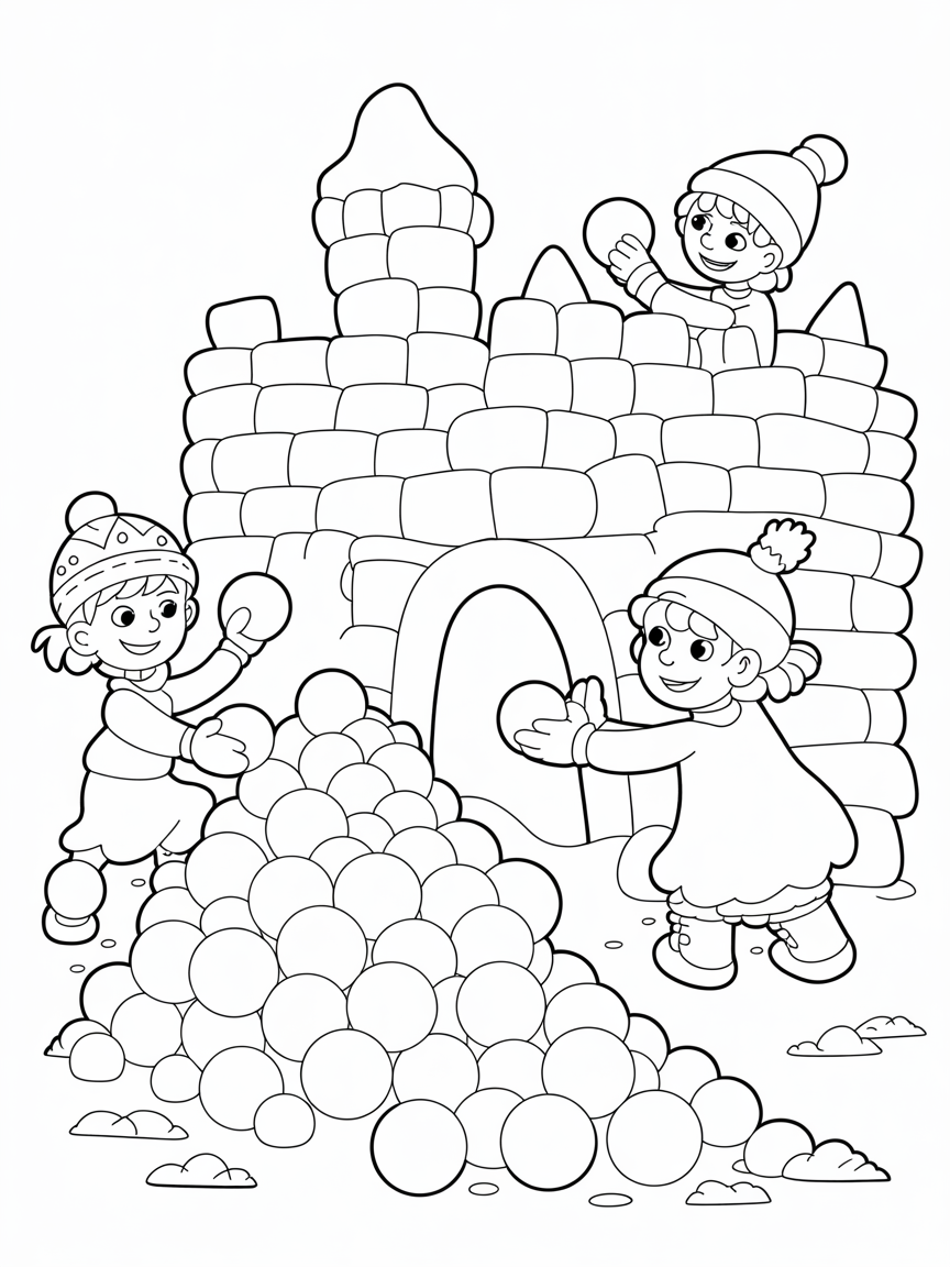 children building elaborate snow fort